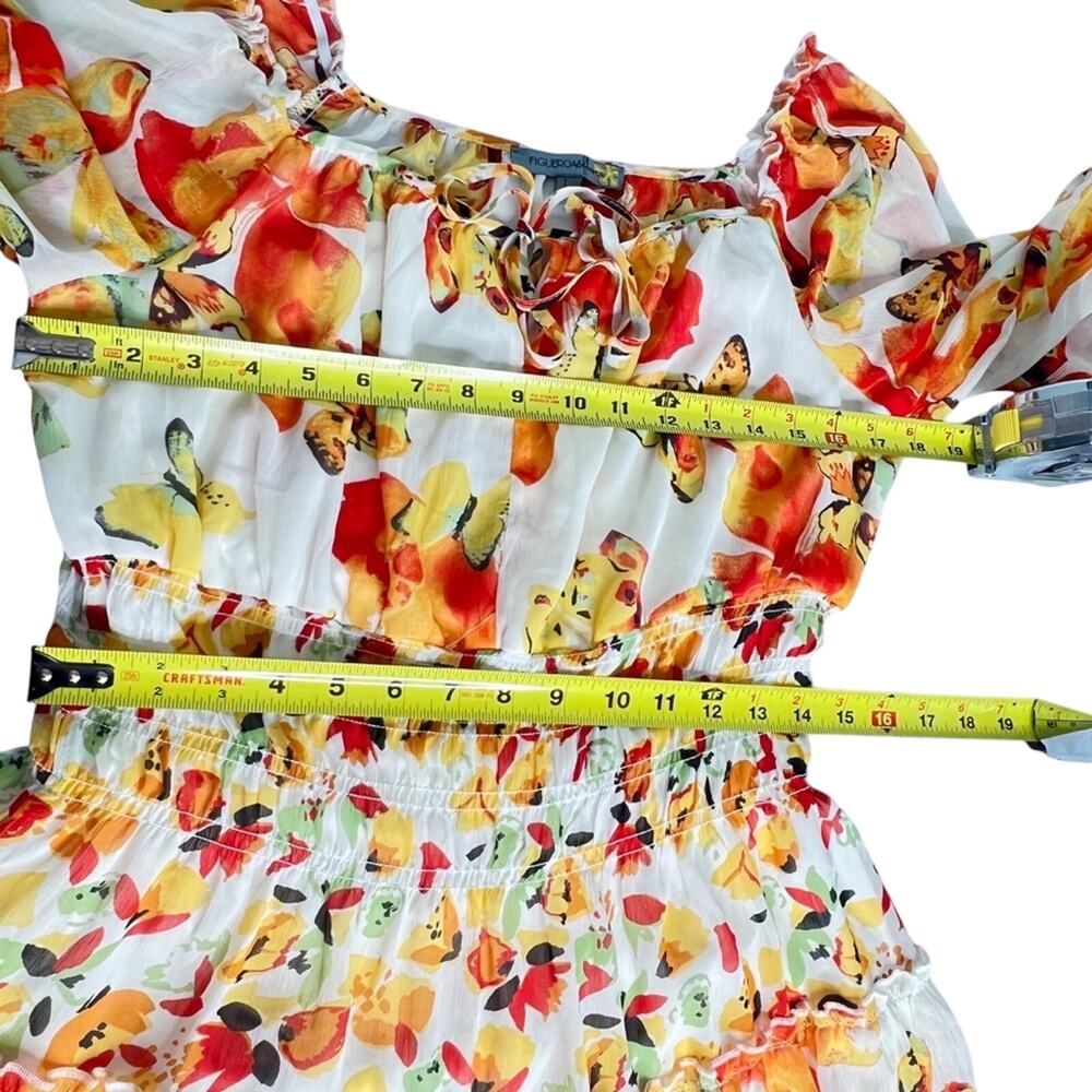 Figueroa & Flower Butterfly Midi Dress L Orange Smocked Peasant Tiered Cottage - Picture 7 of 13